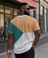 Big & Tall Men's Orange Triple Color Geometric Print Henry Collar Button Short Sleeve T-Shirt